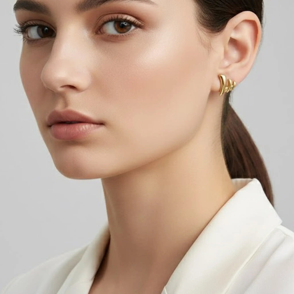 Rushvi Tri Curve Up Gold Plated Minimalist Stud Earrings for Women
