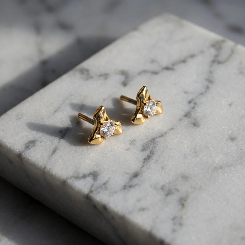 Rushvi 3Spike Gold Plated CZ Geometric Stud Earrings for Women