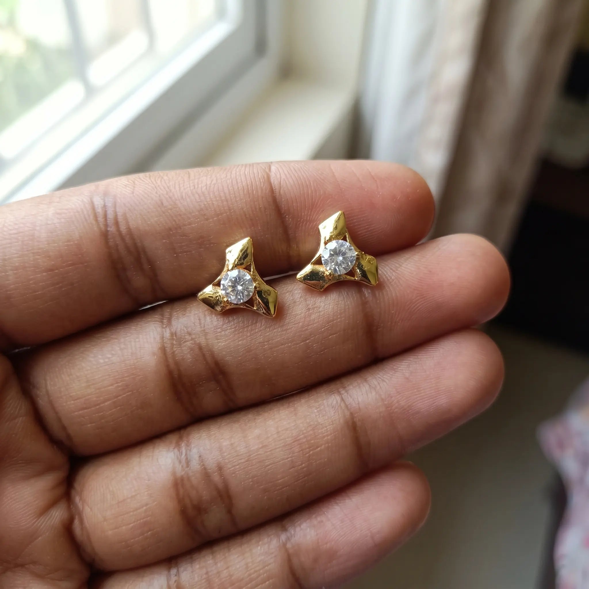 Rushvi 3Spike Gold Plated CZ Geometric Stud Earrings for Women