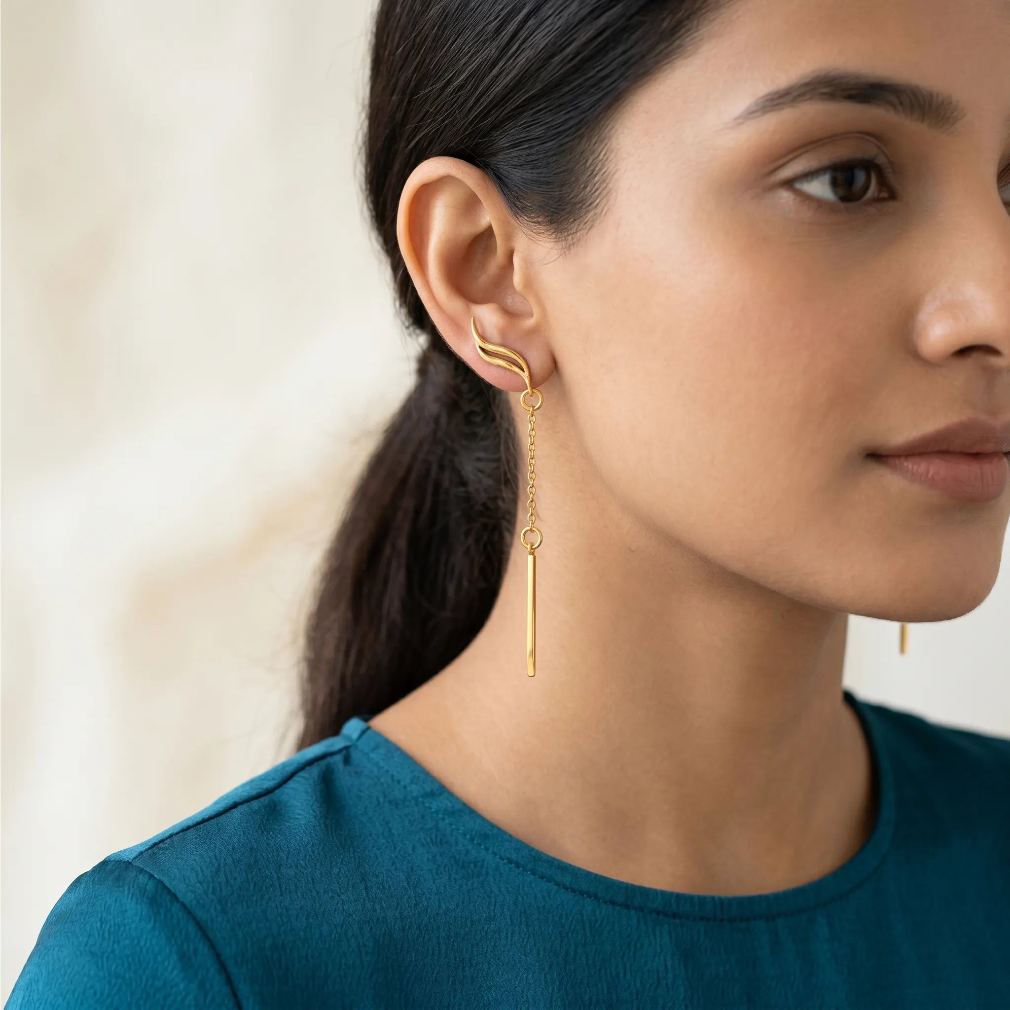 Rushvi Fluid Wave Chain Drop Gold Plated Geometric Earrings