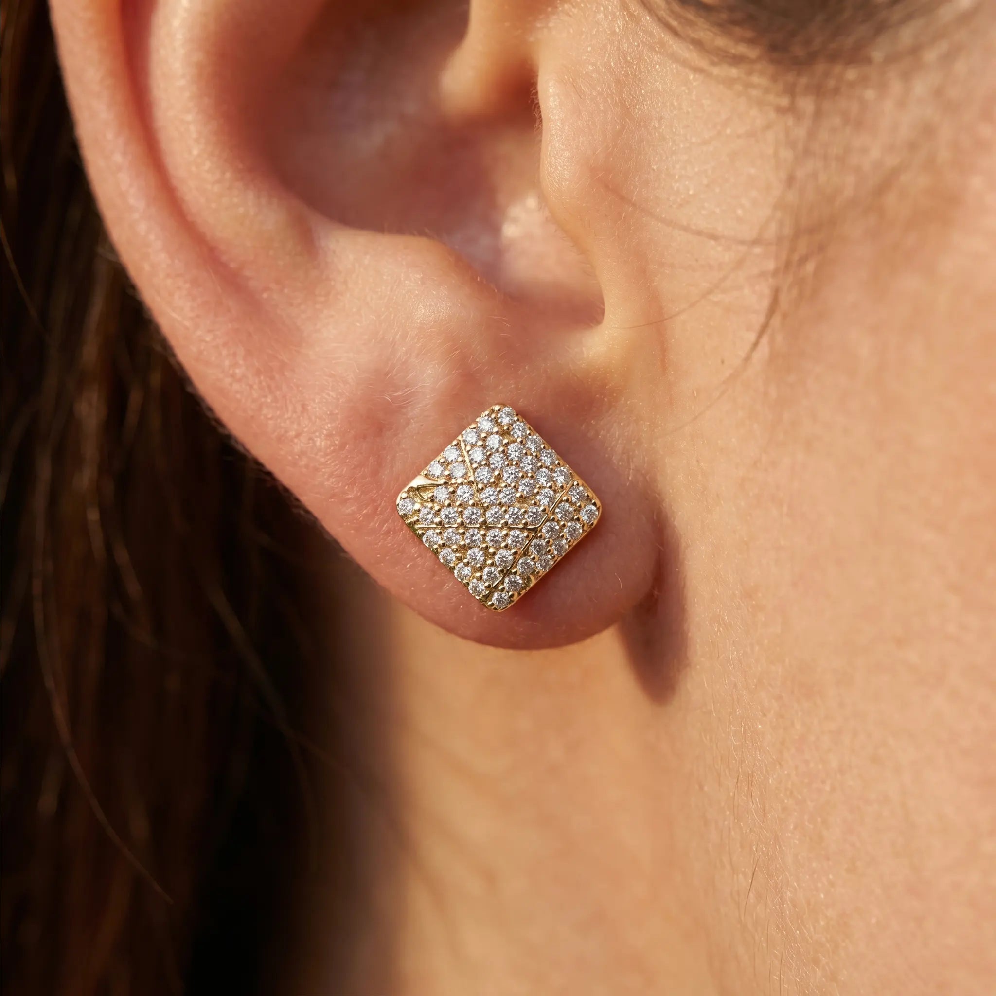 Rushvi Geometric Mosaic Gold Plated CZ Stud Earrings for Everyday Elegance