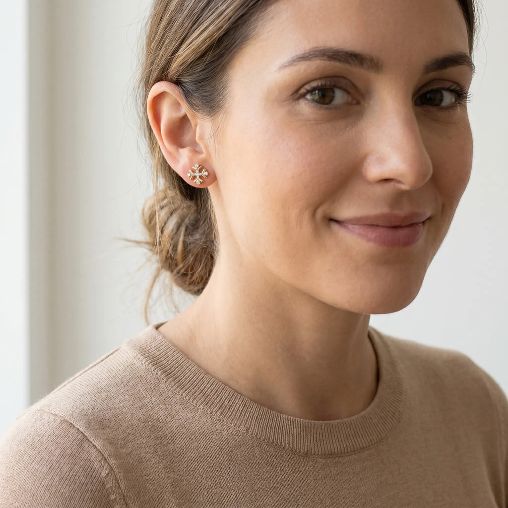 Rushvi Nexus Gold Plated CZ Snowflake Stud Earrings for Women