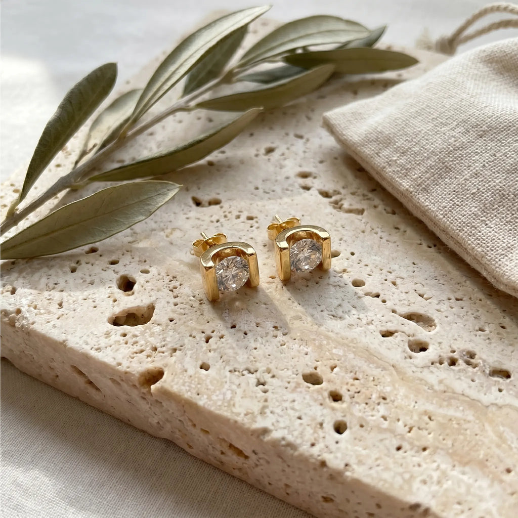 Rushvi U Shape Gold Plated CZ Solitaire Stud Earrings for Women