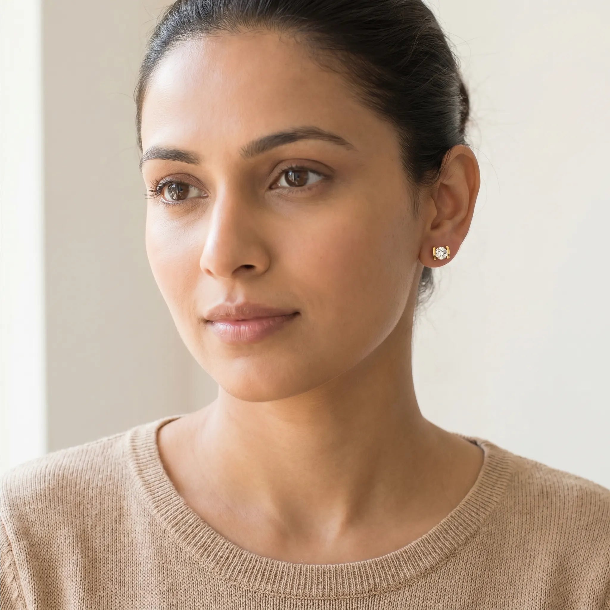 Rushvi U Shape Gold Plated CZ Solitaire Stud Earrings for Women