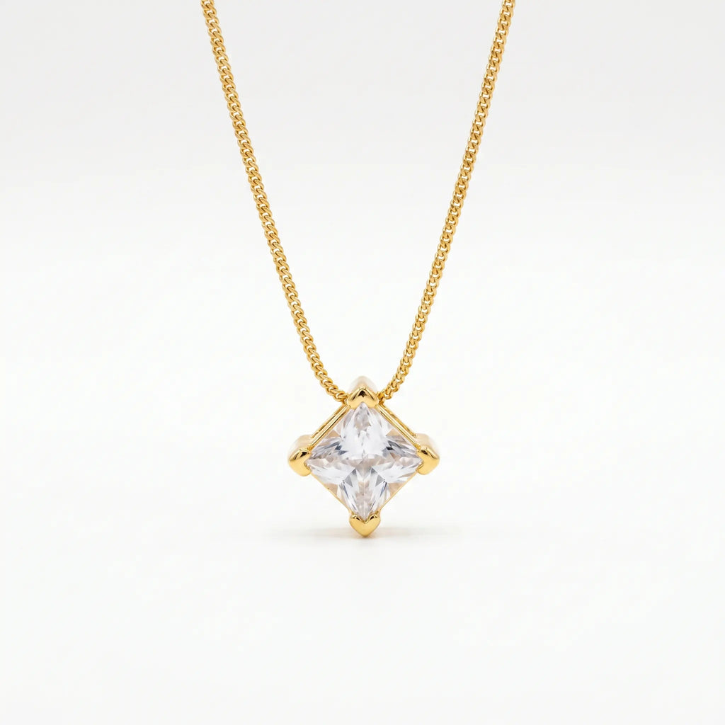 Rushvi 8MM Square Princess Cut CZ Gold Plated Solitaire Pendant
