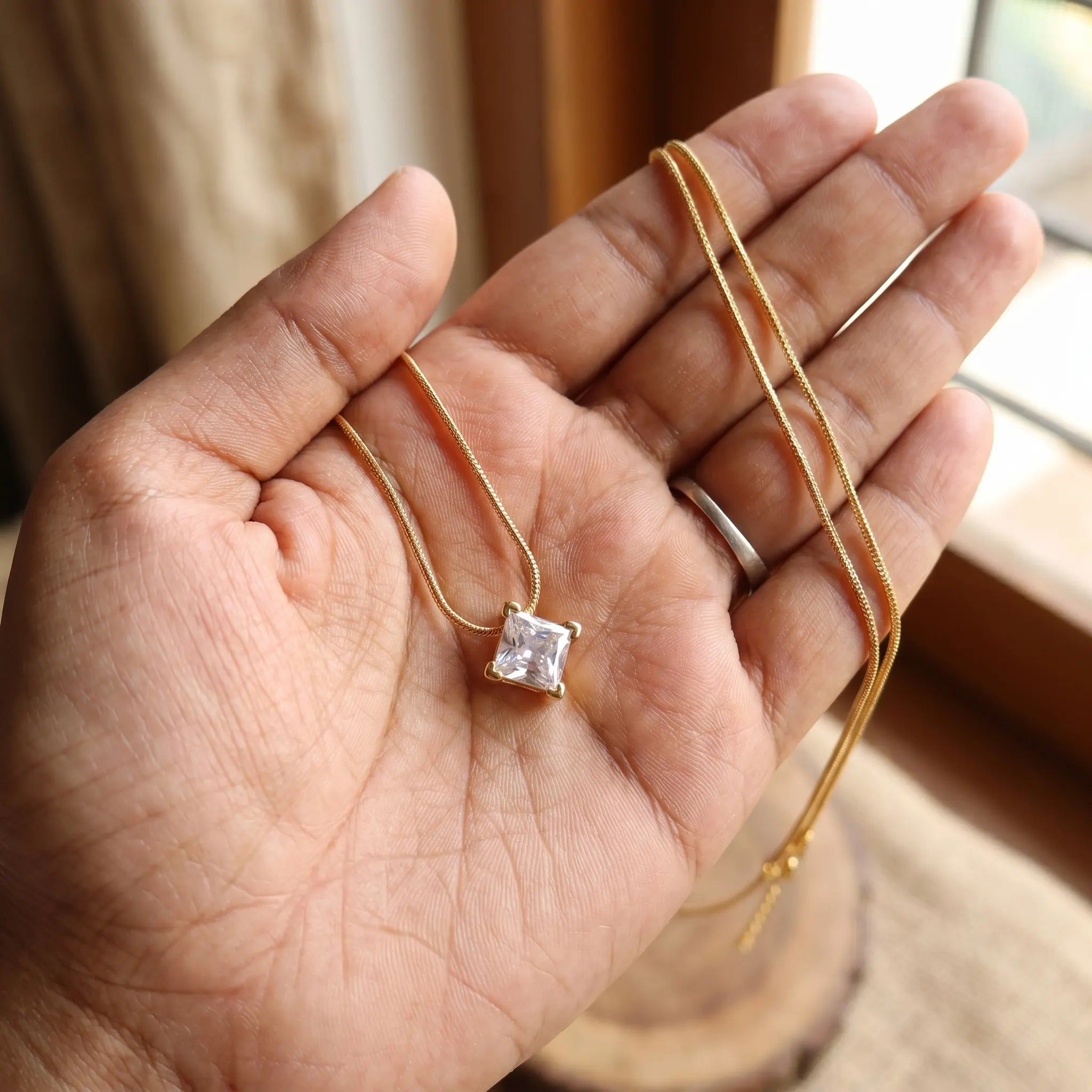 Rushvi 8MM Square Princess Cut CZ Gold Plated Solitaire Pendant