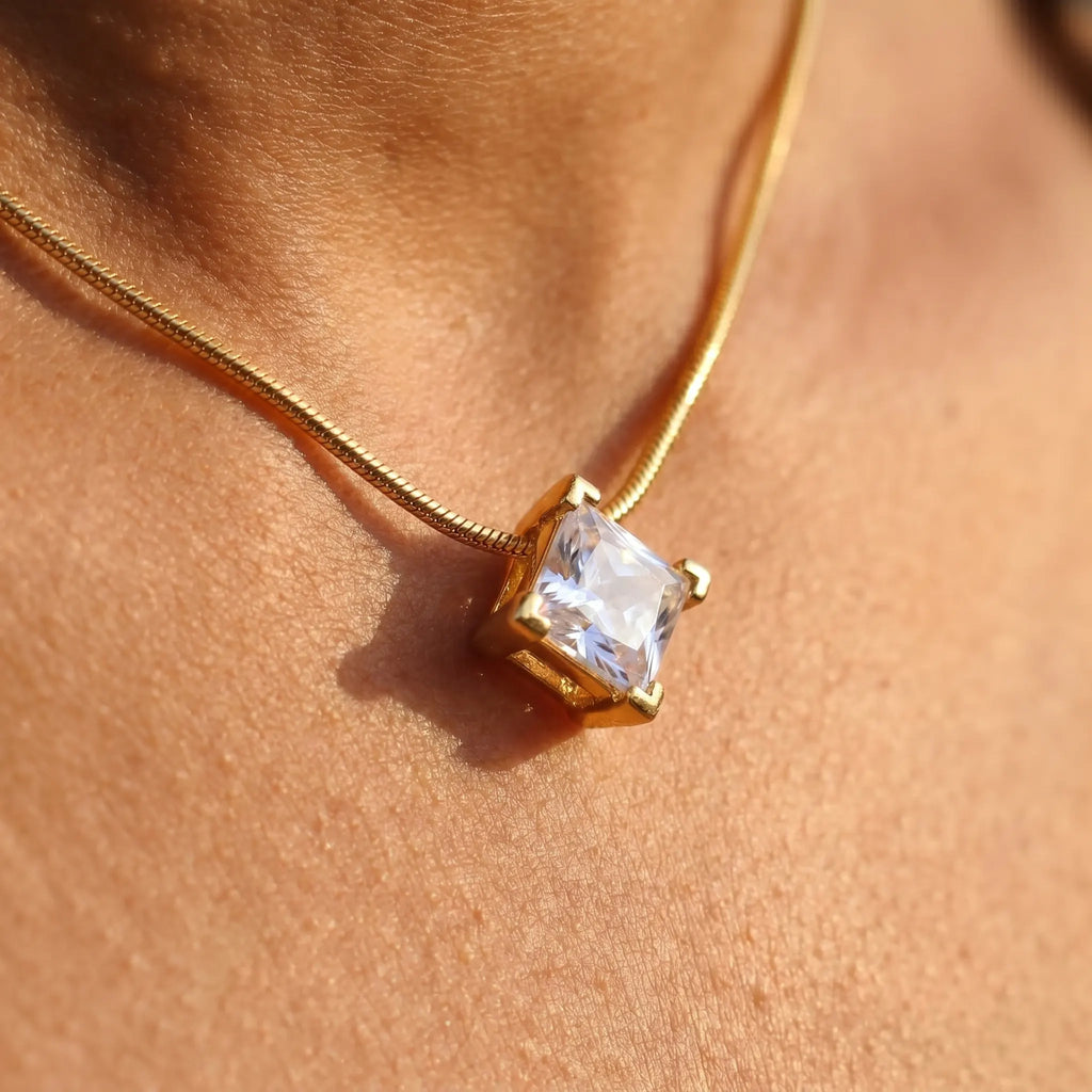 Rushvi 8MM Square Princess Cut CZ Gold Plated Solitaire Pendant