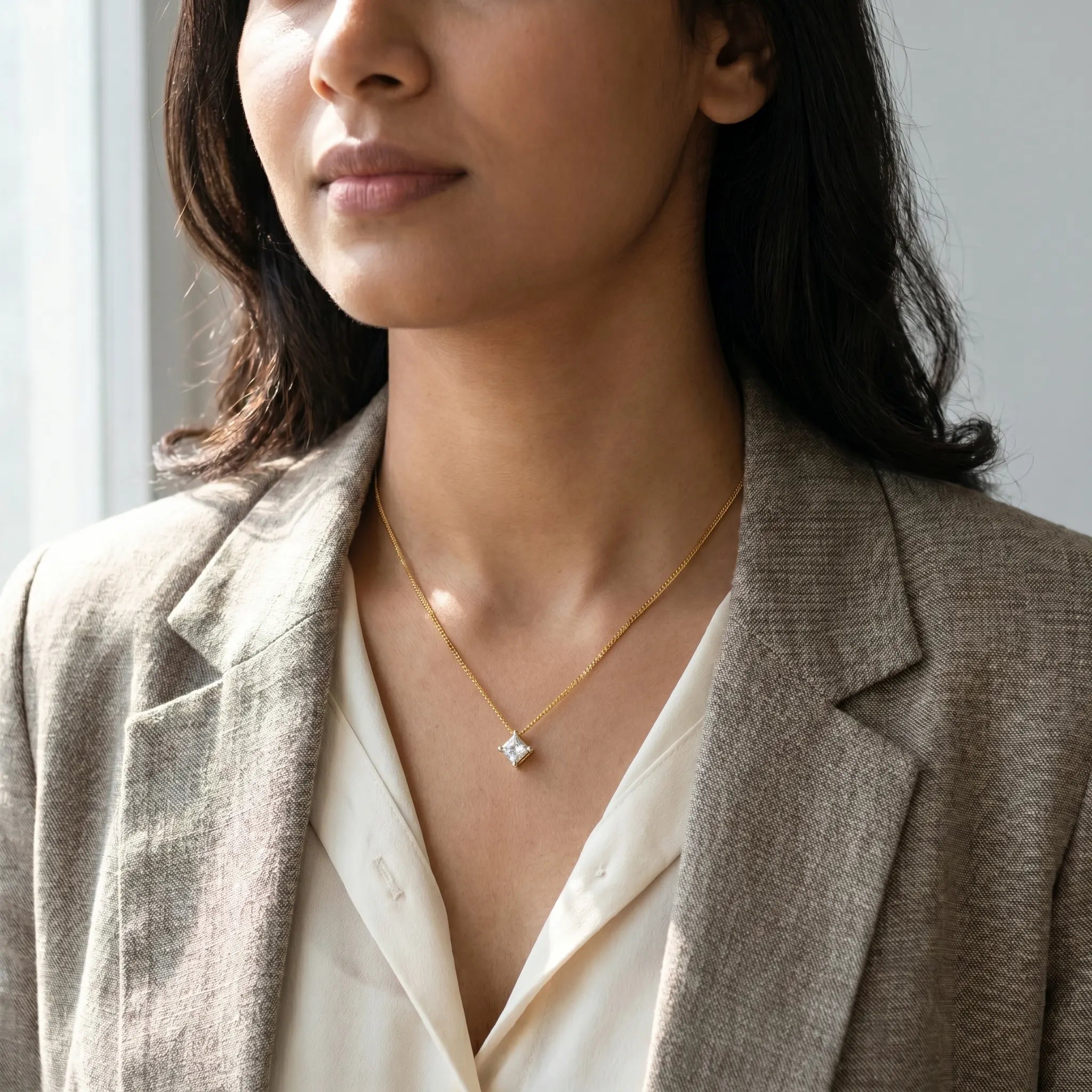 Rushvi 8MM Square Princess Cut CZ Gold Plated Solitaire Pendant