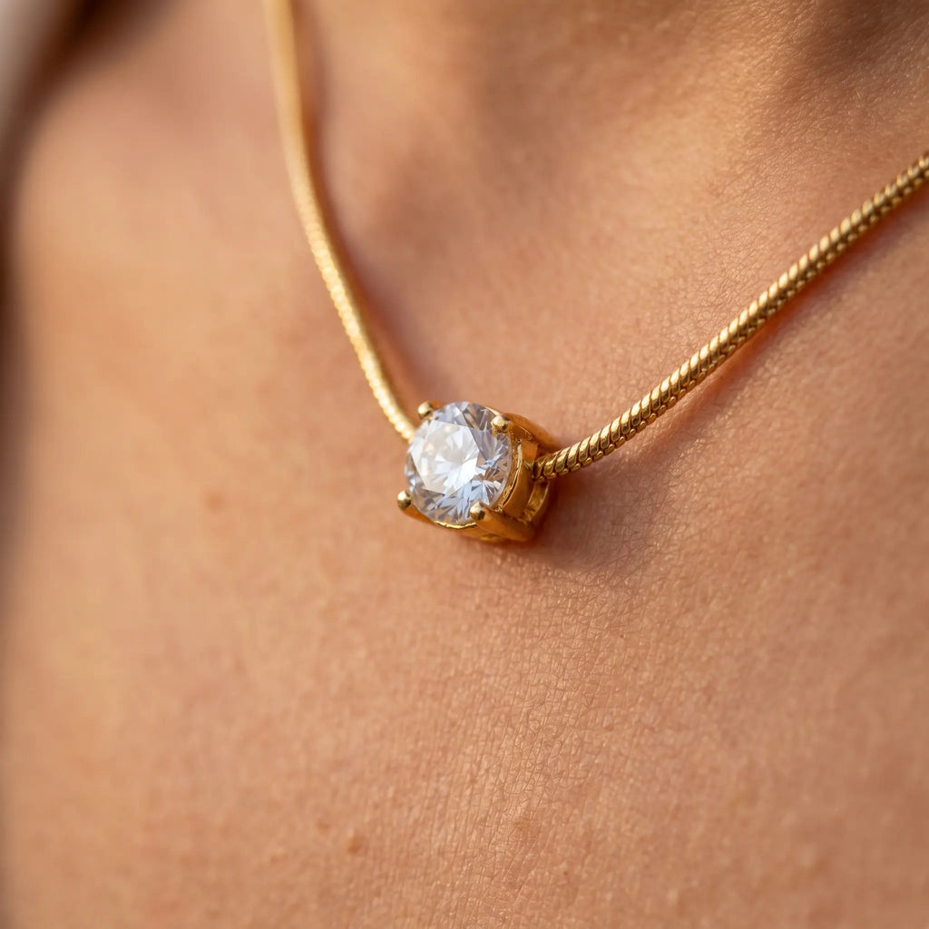 Rushvi 5MM Round Brilliant CZ Gold Plated Solitaire Necklace