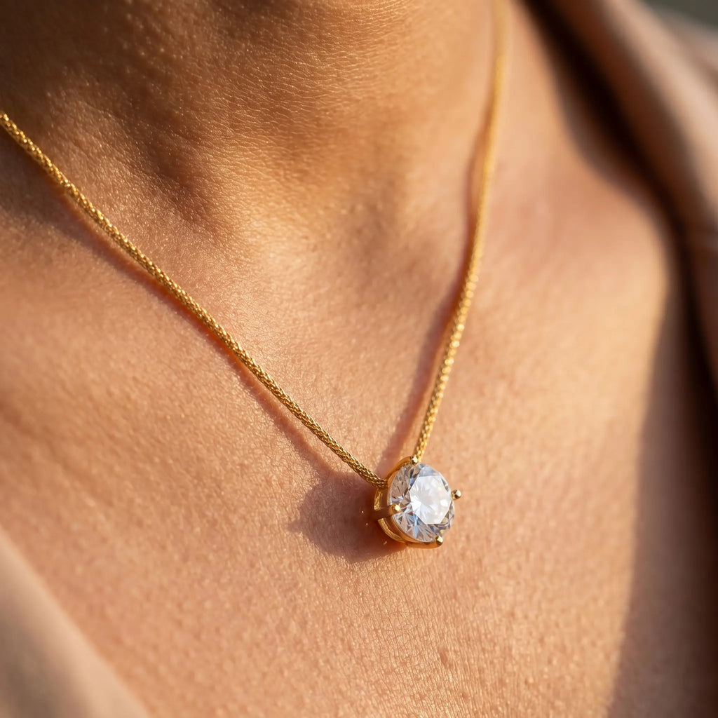 Rushvi 10MM Round Brilliant CZ Gold Plated Statement Solitaire Necklace