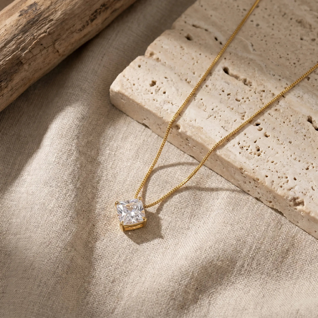Rushvi 10MM Cushion Cut CZ Gold Plated Solitaire Pendant