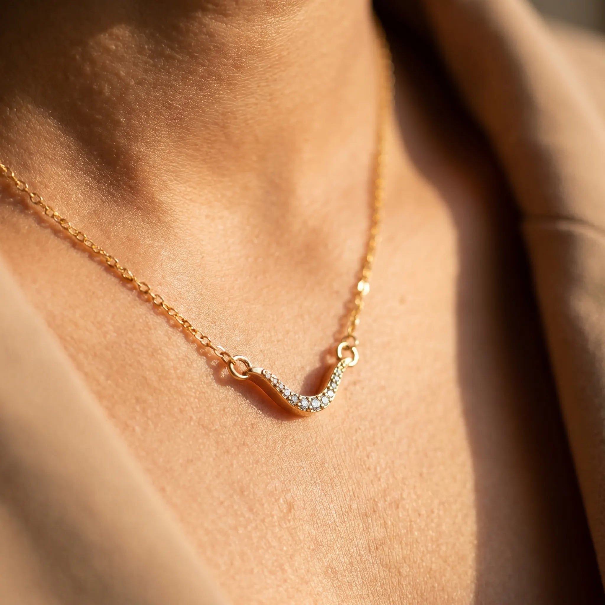 Rushvi Fluid Wave Pavé CZ Gold Plated Curved Bar Necklace