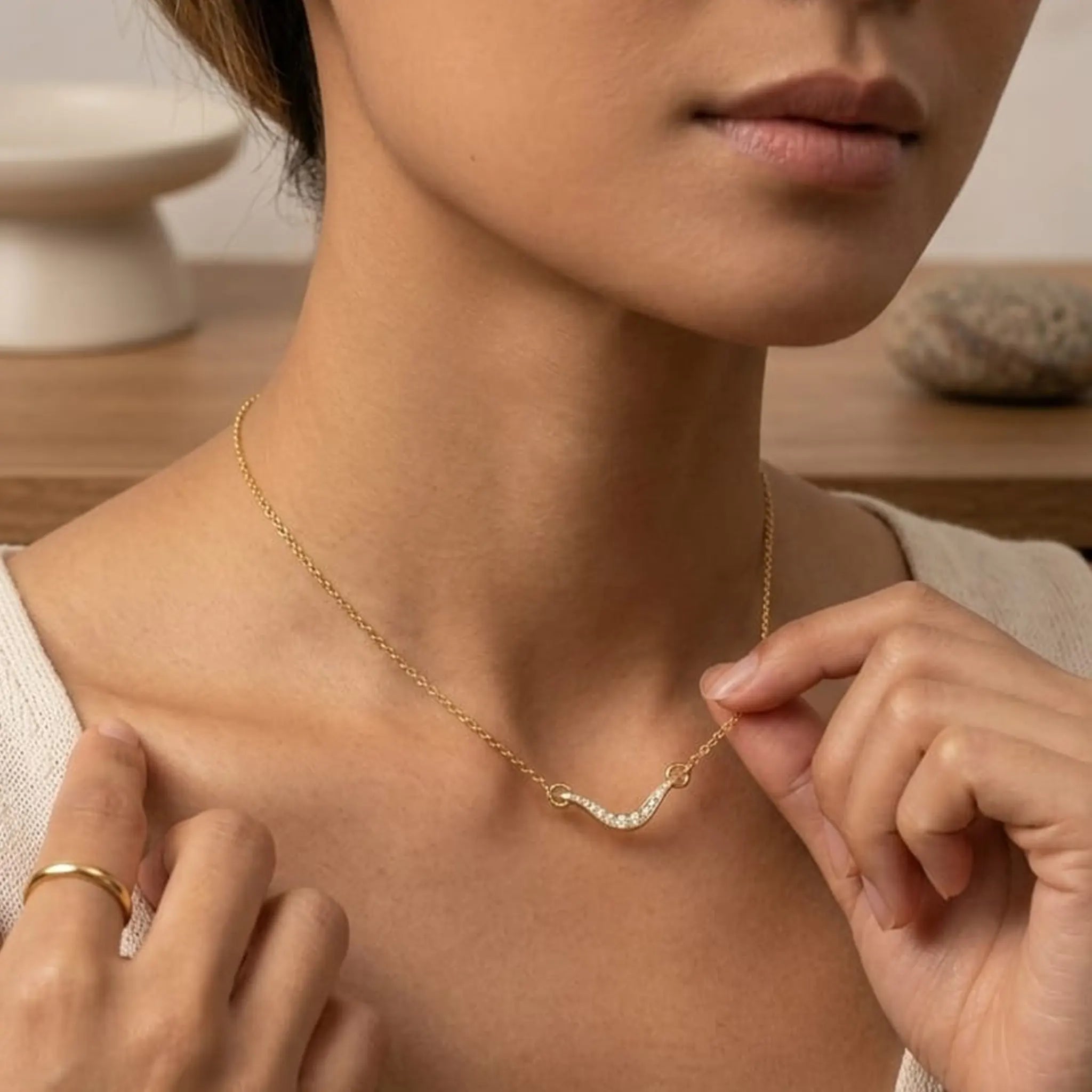 Rushvi Fluid Wave Pavé CZ Gold Plated Curved Bar Necklace